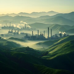 Aufkleber - A distant view of a factory complex surrounded by natural landscape, captured in high resolution.