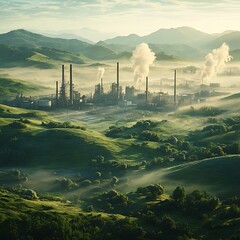 Aufkleber - A distant view of a factory complex surrounded by natural elements, showcasing industrial architecture and landscape.