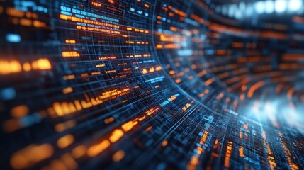 Digital data stream, futuristic tunnel, glowing code, background lights, tech concept