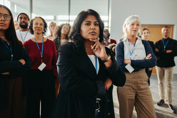 Wall Mural - Engaging business speech captivates diverse team, fostering collaboration and inspiring innovation during a dynamic workplace meeting