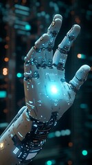 Poster - A futuristic robotic hand with glowing details against a digital background.