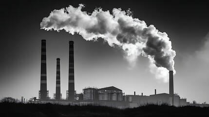 Poster - Industrial smokestacks emitting pollution against a darkened skyline backdrop.
