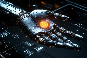 Poster - A futuristic robotic hand with a glowing core on a digital background.