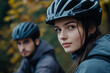 © Tetiana - Close-up portrait of a woman bicyclist wearing a helmet, Generative AI
