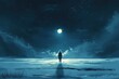 © EUT - Solitary figure under a bright moon, serene night scene. Perfect for themes of loneliness, contemplation, or hope.
