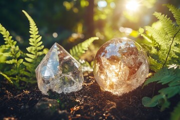 A pair of crystals perched on the surface of earthy terrain