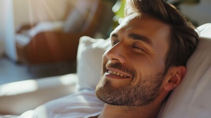 Canvas Print - This image features a man lying in bed.