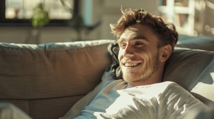 Canvas Print - This image features a young adult male with short hair, smiling contentedly at the camera while lying on a couch.