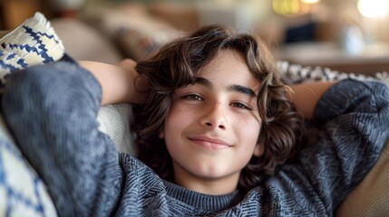 Canvas Print - The image features a boy lying on a couch with his eyes closed, smiling slightly, possibly indicating contentment or happiness.