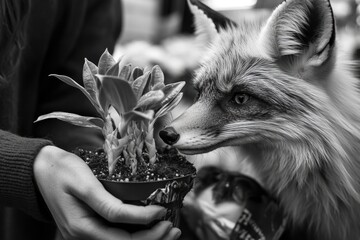 Wall Mural - A fox holds a small potted plant in its mouth, a unique scene