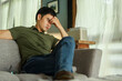 © panitan - domestic,sad serious illness man.depressed emotion panic attacks alone sick people fear stressful crying.stop abusing violence,help person with health anxiety,thinking bad frustrated exhausted