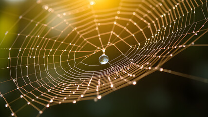 A close-up shot of a spider web covered in glistening dewdrops