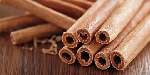 Wall Mural - Pile of cinnamon sticks arranged neatly on a wooden table