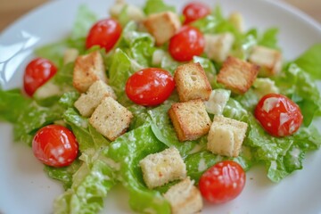 Wall Mural - A fresh green salad topped with crispy croutons and juicy cherry tomatoes, perfect for lunch or dinner