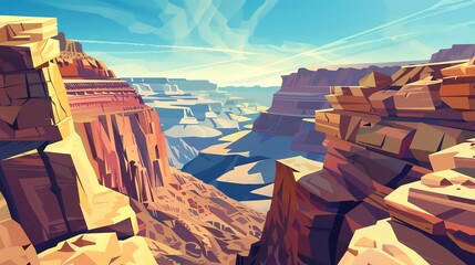 Wall Mural - An illustrated canyon scene with a blue sky and white clouds in the background.