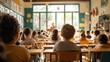© Nilawan - A classroom full of young students attentively listening to their teacher in a bright learning environment.