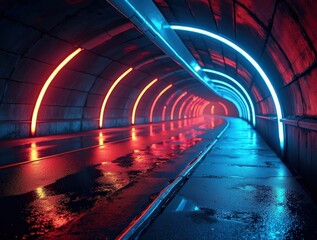 Wall Mural - Sleek curved tunnel illuminated by glowing led lights casting vibrant colors