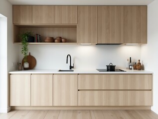 Wall Mural - Modern Scandinavian Kitchen with Light Wood Cabinetry and White Countertops