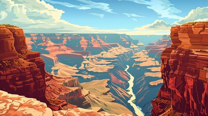 Wall Mural - A colorful illustration of the Grand Canyon with a river flowing through it.