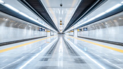 Fototapete - An empty subway station with modern design elements and bright lighting, emphasizing the efficiency and convenience of underground transportation