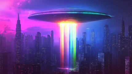 Poster - A flying saucer radiating rainbow beams over a futuristic city.