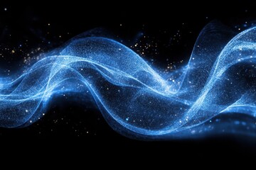 Wall Mural - abstract blue wave of light particles on black background with sparkling stars and dynamic motion