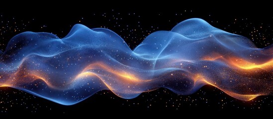 Wall Mural - abstract digital waveform with blue and orange light particles on black background creating a futuri