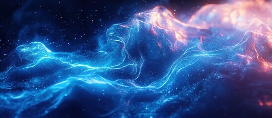 Wall Mural - abstract neon waves with glowing blue and orange light effects in a cosmic space setting with partic