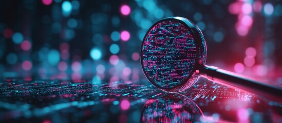 Wall Mural - magnifying glass analyzing digital data streams in a futuristic cyber environment with neon lights