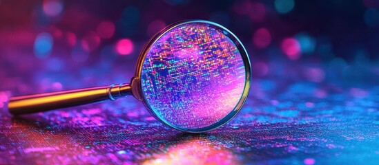 Wall Mural - magnifying glass on digital code background with vibrant neon colors and bokeh effect