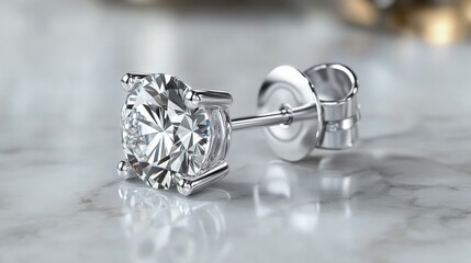 Aufkleber - A close-up shot of a single diamond earring, showcasing its cut and setting, resting on a marble surface with subtle reflections enhancing its shine