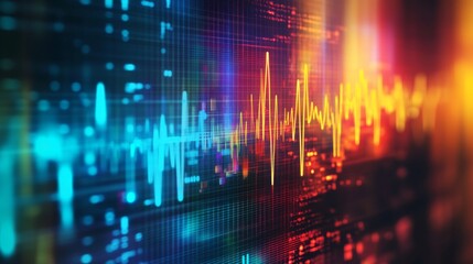 Fototapete - A colorful heartbeat graph flowing smoothly across a digital display, representing the life force and energy of a beating heart in a captivating design