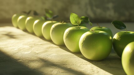 Wall Mural - Sunlit Green Apples in a Row: A Still Life Photography