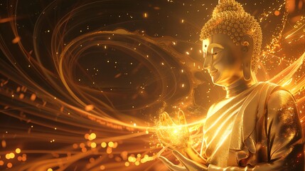 Wall Mural - A golden Buddha statue with glowing light surrounding it.