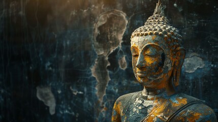 Wall Mural - A close up of a weathered golden Buddha statue.