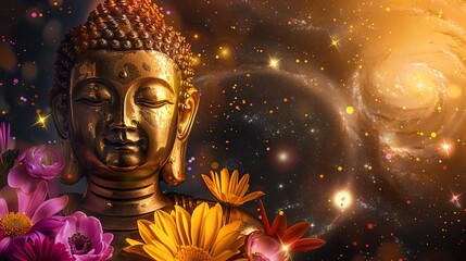Wall Mural - A serene image featuring a golden Buddha statue with flowers in the foreground and a starry cosmic background.