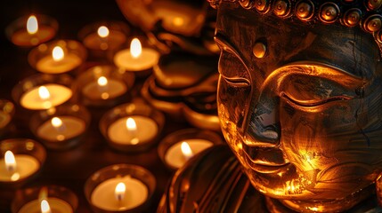 Wall Mural - Close-up of a golden Buddha statue with candles in the foreground.