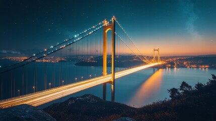 Aufkleber - A long exposure shot of a bridge at night, with light trails from passing vehicles creating a stunning visual effect against the backdrop of a dark sky