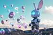 © AI_images_for_people - A futuristic, robotic Easter Bunny scanning the horizon, its mechanical ears twitching as holographic Easter eggs appear around it in a sci-fi landscape.