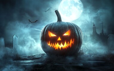 A glowing Halloween pumpkin head with sharp eyes and jagged smile, surrounded by fog, glowing eerily under the light of a full moon in a spooky graveyard setting