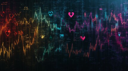 Fototapete - A series of heart waveforms depicted in different colors, symbolizing various emotional states, displayed on a dark background for a striking contrast