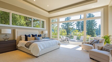 Poster - A spacious bedroom with a minimalist design, featuring a king-size bed, neutral decor, and large windows for an airy, open feel