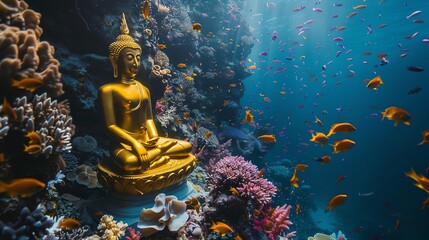 Wall Mural - A golden Buddha statue surrounded by colorful fish and coral, underwater.