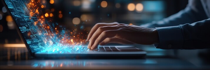 Digital Data Streams Flowing from Laptop Keyboard: Nighttime Coding Session,  Software Development Progress,  Efficient Programming Techniques.
