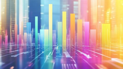 Poster - Bright gradient D bars rising from a digital floor with soft reflections, creating a futuristic data display on a neutral backdrop