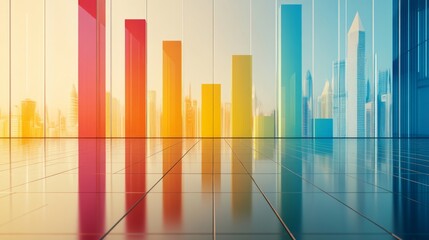 Fototapete - Bright gradient D bars rising from a digital floor with soft reflections, creating a futuristic data display on a neutral backdrop