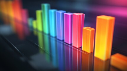 Poster - Colorful D bar graph with tall, transparent bars on a reflective surface, casting shadows and illuminated by soft ambient lighting