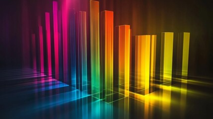 Leinwandbilder - Colorful D bar graph with tall, transparent bars on a reflective surface, casting shadows and illuminated by soft ambient lighting
