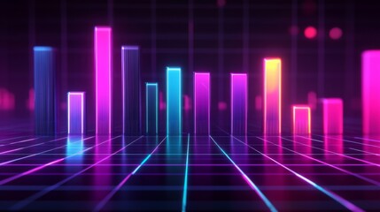 Poster - Dark-themed D bar chart with neon-colored bars and a digital grid base, capturing a futuristic data visualization aesthetic