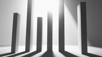 Leinwandbilder - Minimalist D bar chart with tall, sleek bars in monochromatic tones, casting shadows on a clean, white background
